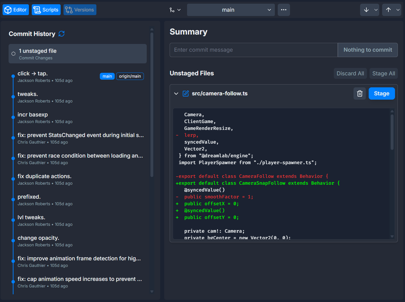 Version control UI showing commit history and file changes